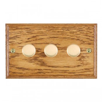 Hamilton Woods Ovolo Medium Oak 3 Gang 400W 2 Way Resistive Push On/Off Rotary Switching Dimmer with Polished Brass Knobs