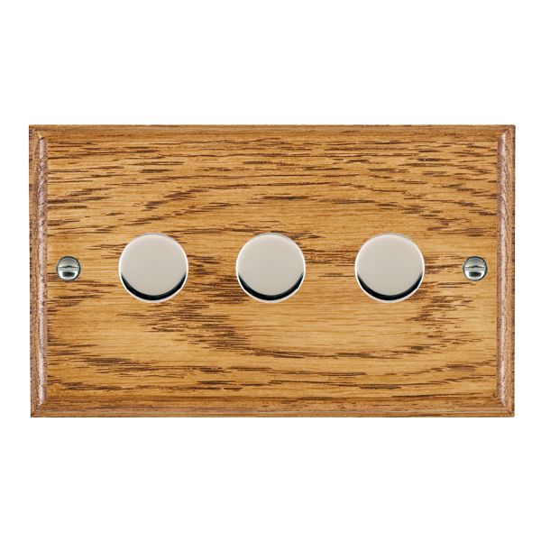 Hamilton Woods Ovolo Medium Oak 3 Gang 100W 2 Way Push On/Off Rotary Dimmer with Bright Chrome Knobs