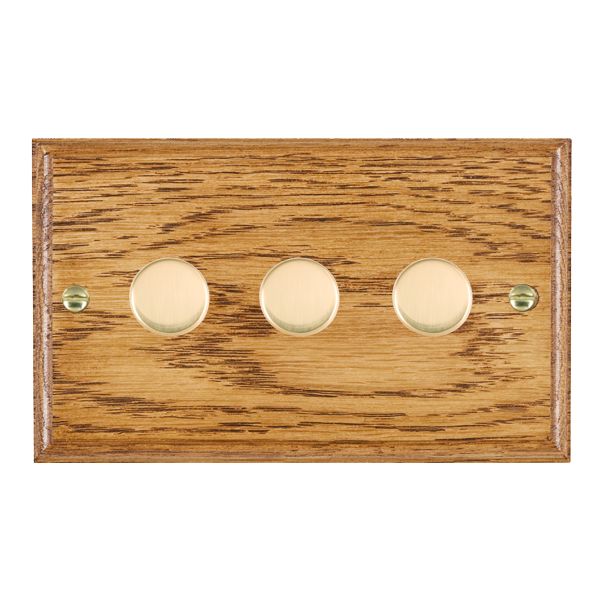 Hamilton Woods Ovolo Medium Oak 3Gang 100W 2 Way Push On/Off Rotary Dimmer with Polished Brass Knobs