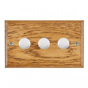 Hamilton Woods Ovolo Medium Oak 3 Gang 100W 2 Way Push On/Off Rotary Switching LED Dimmer with Satin Chrome Knobs