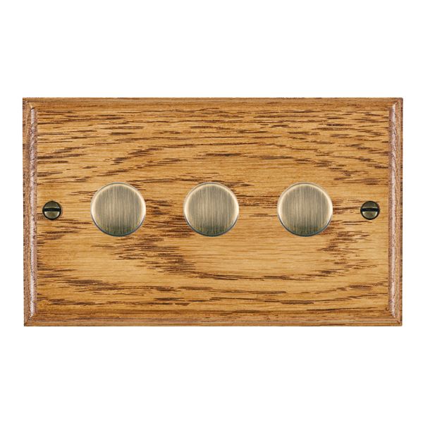 Hamilton Woods Ovolo Medium Oak 3 Gang 250W/210VA Multi-Way Push On/Off Rotary Dimmer with Antique Brass Knobs