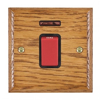 Hamilton Woods Ovolo Medium Oak 45A Double Pole Switch and Neon with Red Rocker and Black Surround