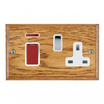 Hamilton Woods Ovolo Medium Oak 45A Double Pole Switch with Red Rocker and Neon plus 13A Switched Socket with Bright Chrome Rocker and White Surround