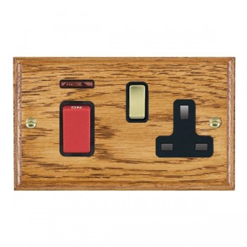 Hamilton Woods Ovolo Medium Oak 45A Double Pole Switch with Red Rocker and Neon plus 13A Switched Socket with Polished Brass Rocker and Black Surround