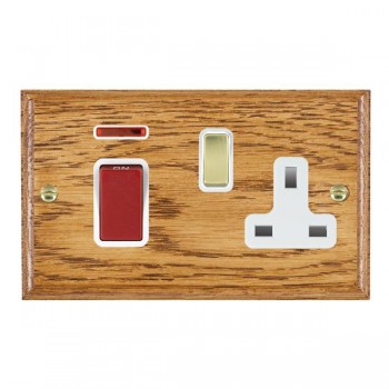 Hamilton Woods Ovolo Medium Oak 45A Double Pole Switch with Red Rocker and Neon plus 13A Switched Socket with Polished Brass Rocker and White Surround