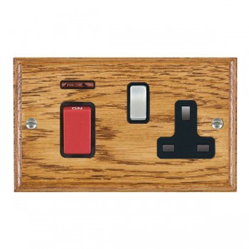 Hamilton Woods Ovolo Medium Oak 45A Double Pole Switch with Red Rocker and Neon plus 13A Switched Socket with Satin Chrome Rocker and Black Surround