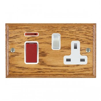 Hamilton Woods Ovolo Medium Oak 45A Double Pole Switch with Red Rocker and Neon plus 13A Switched Socket with Satin Chrome Rocker and White Surround