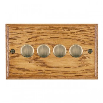 Hamilton Woods Ovolo Medium Oak 4 Gang 400W 2 Way Resistive Push On/Off Rotary Switching Dimmer with Antique Brass Knobs