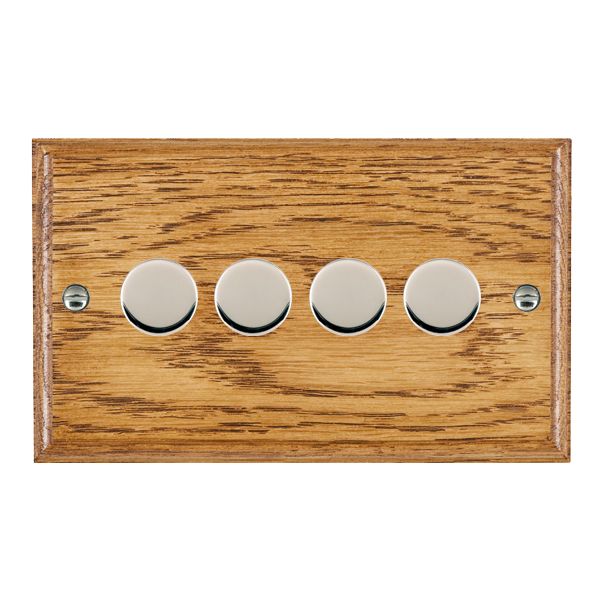 Hamilton Woods Ovolo Medium Oak 4 Gang Resistive Leading Egde Push On/Off 2 Way Switching Dimmer with Bright Chrome Knobs