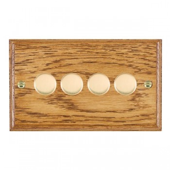 Hamilton Woods Ovolo Medium Oak 4 Gang 400W 2 Way Resistive Push On/Off Rotary Switching Dimmer with Polished Brass Knobs