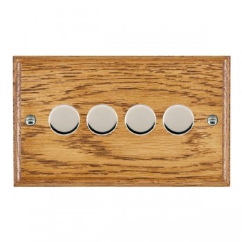 Hamilton Woods Ovolo Medium Oak 4 Gang 100W 2 Way Push On/Off Rotary Switching LED Dimmer with Bright Chrome Knobs