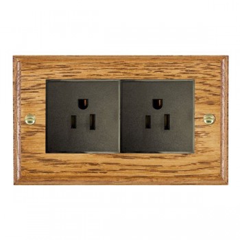 Hamilton Woods Ovolo Medium Oak 2 Gang 15A 110V AC American Unswitched Socket with Black Insert