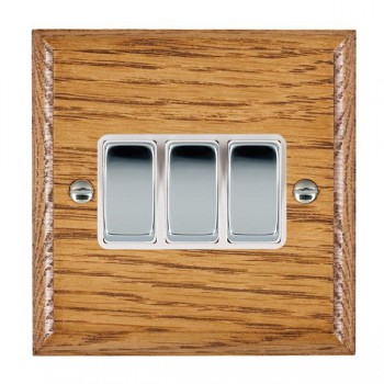 Hamilton Woods Ovolo Medium Oak 3 Gang 10AX 2 Way Switch with Bright Chrome Rockers and White Surround