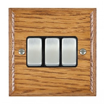 Hamilton Woods Ovolo Medium Oak 3 Gang 10AX 2 Way Switch with Satin Chrome Rockers and Black Surround