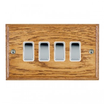 Hamilton Woods Ovolo Medium Oak 4 Gang Switch with Bright Chrome Rockers and White Surround