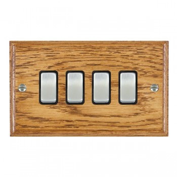 Hamilton Woods Ovolo Medium Oak 4 Gang 10AX 2 Way Switch with Satin Chrome Rockers and Black Surround