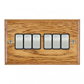 Hamilton Woods Ovolo Medium Oak 6 Gang 10AX 2 Way Switch with Satin Chrome Rockers and Black Surround