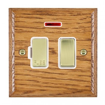 Hamilton Woods Ovolo Medium Oak 13A Double Pole Switched Fused Spur and Neon with Polished Brass Insert and White Surround