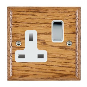 Hamilton Woods Ovolo Medium Oak 1 Gang 13A Double Pole Switched Socket with Bright Chrome Rocker and White Surround