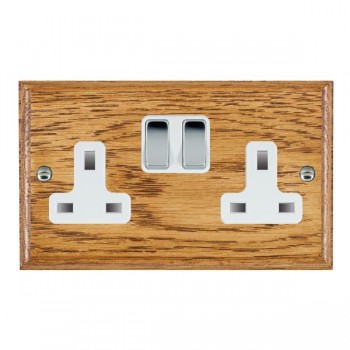 Hamilton Woods Ovolo Medium Oak 2 Gang 13A Double Pole Switched Socket with Bright Chrome Rockers and White Surround