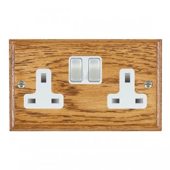 Hamilton Woods Ovolo Medium Oak 2 Gang 13A Double Pole Switched Socket with Satin Chrome Rockers and White Surround