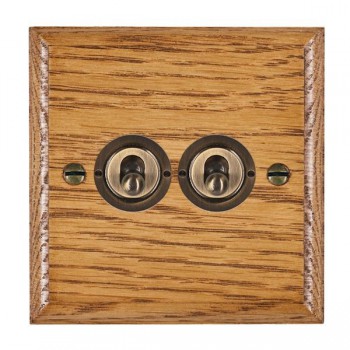 Hamilton Woods Ovolo Medium Oak 2 Gang 20AX 2 Way Toggle Switch with Antique Brass Toggles