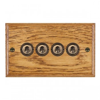 Hamilton Woods Ovolo Medium Oak 4 Gang 20AX 2 Way Toggle Switch with Antique Brass Toggles